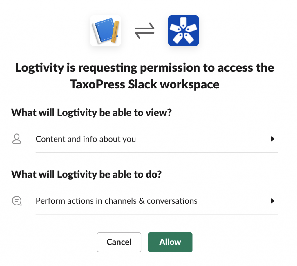 Logtivity permission for Slack